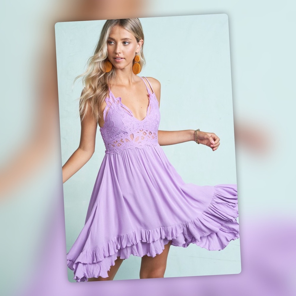Large Yellow LoveTree Free Spirit Floral Crochet Lace Printed Flowy Mini Dress - Picture 11 of 12